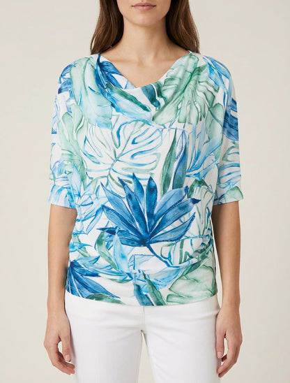 Top tropical mangas 3/4 y efecto plisado - Azul