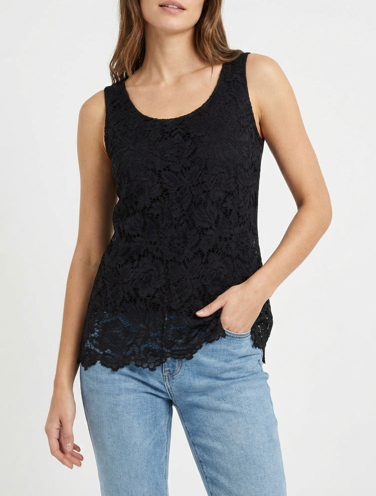 Top sin mangas de encaje con cuello en U - Negro