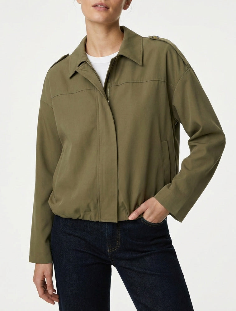 Chaqueta fluida lisa con cremallera - Caqui