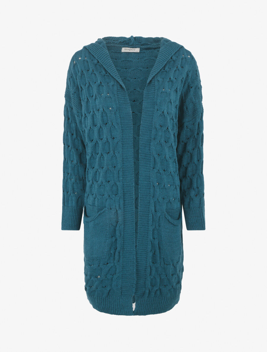 Gilet ouvert uni et torsadé - Bleu pétrole - 1