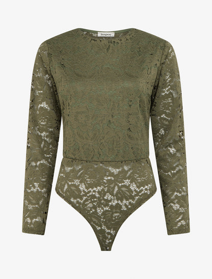 Body en dentelle manches longues - Kaki - 1