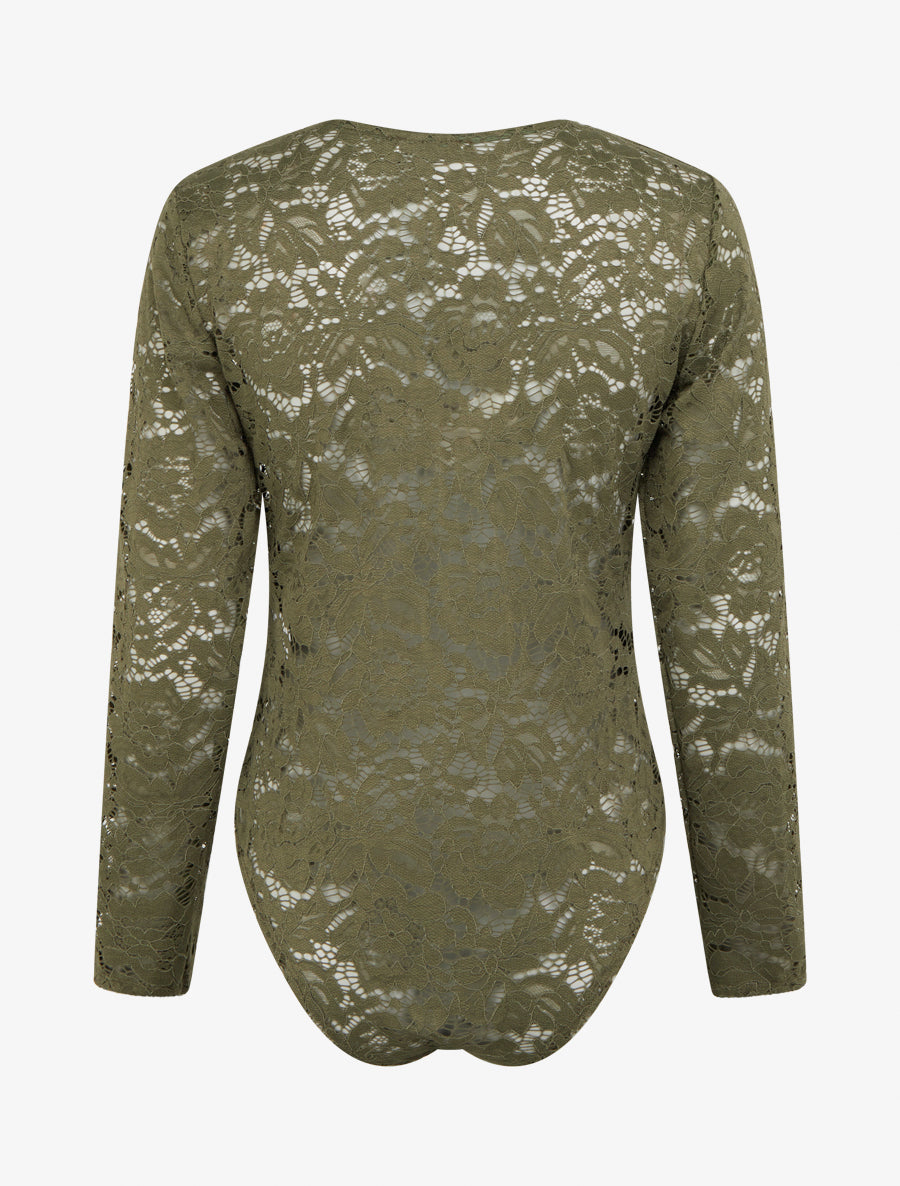 Body en dentelle manches longues - Kaki - 2