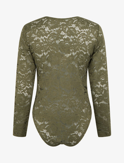Body en dentelle manches longues - Kaki - 2