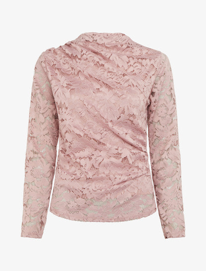 Top en dentelle drapé à manches longues - Vieux rose - 1