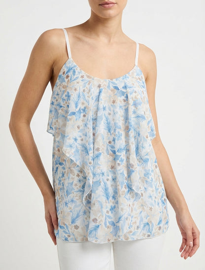 Blusa con volantes estampado de hojas - Azul cielo