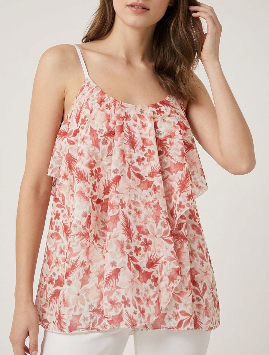 Blusa con volantes estampado de hojas - Rojo