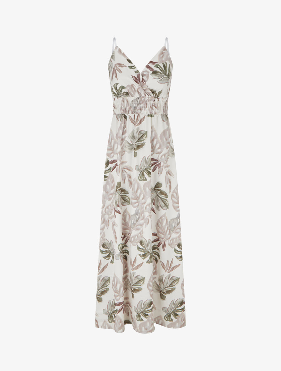 Robe longue à fines bretelles imprimé tropical - Beige - 1