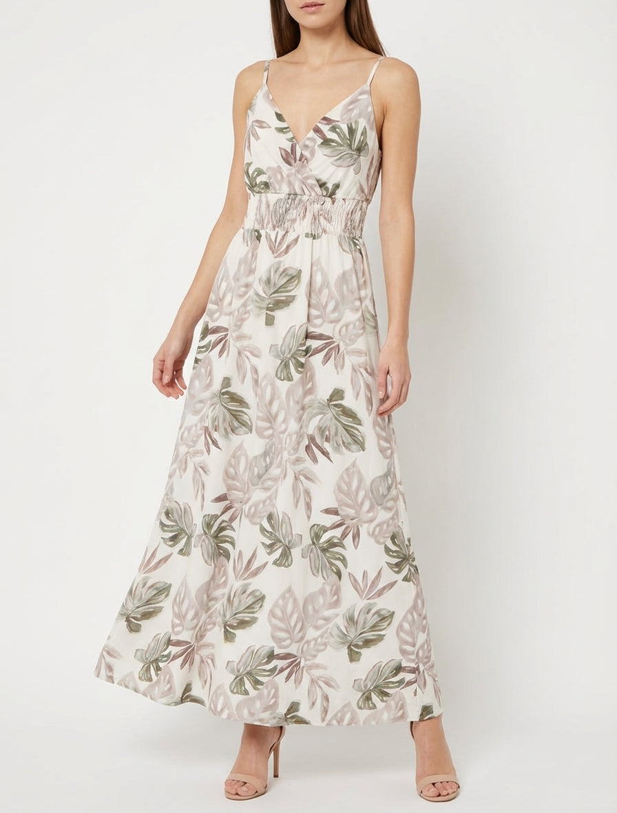 Vestido largo de tirantes finos con estampado tropical - Beis