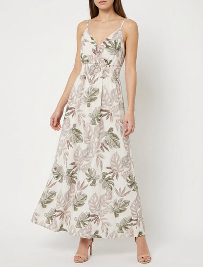 Vestido largo de tirantes finos con estampado tropical - Beis