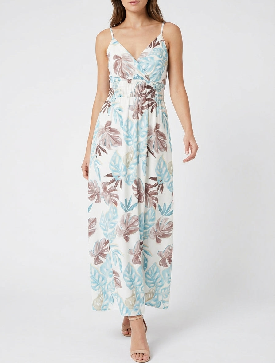 Vestido largo de tirantes finos con estampado tropical - Azul claro