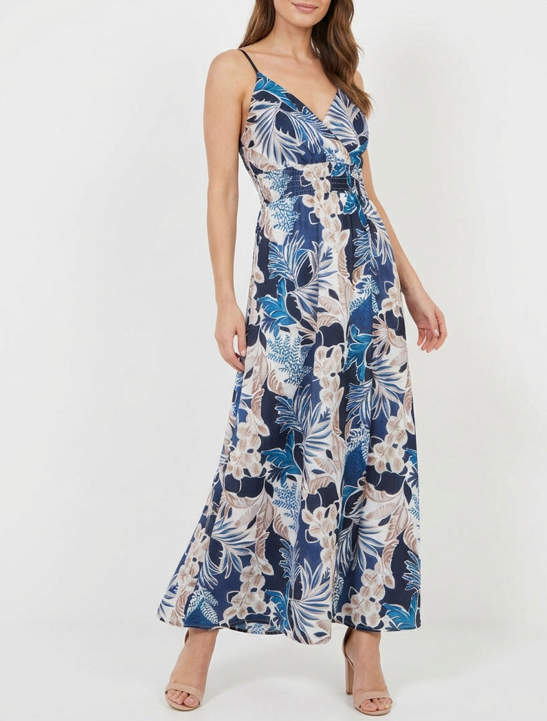 Vestido largo de tirantes finos con estampado de hojas - Marine