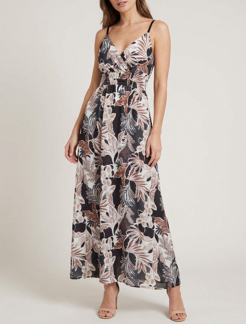 Vestido largo de tirantes finos con estampado de hojas - Negro
