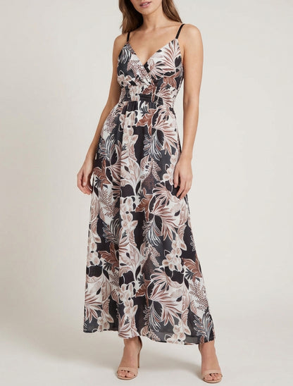 Vestido largo de tirantes finos con estampado de hojas - Negro