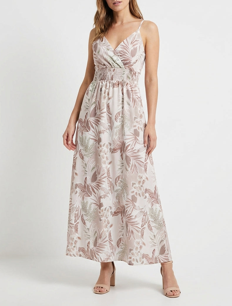 Vestido largo de tirantes finos con estampado de hojas - Beis
