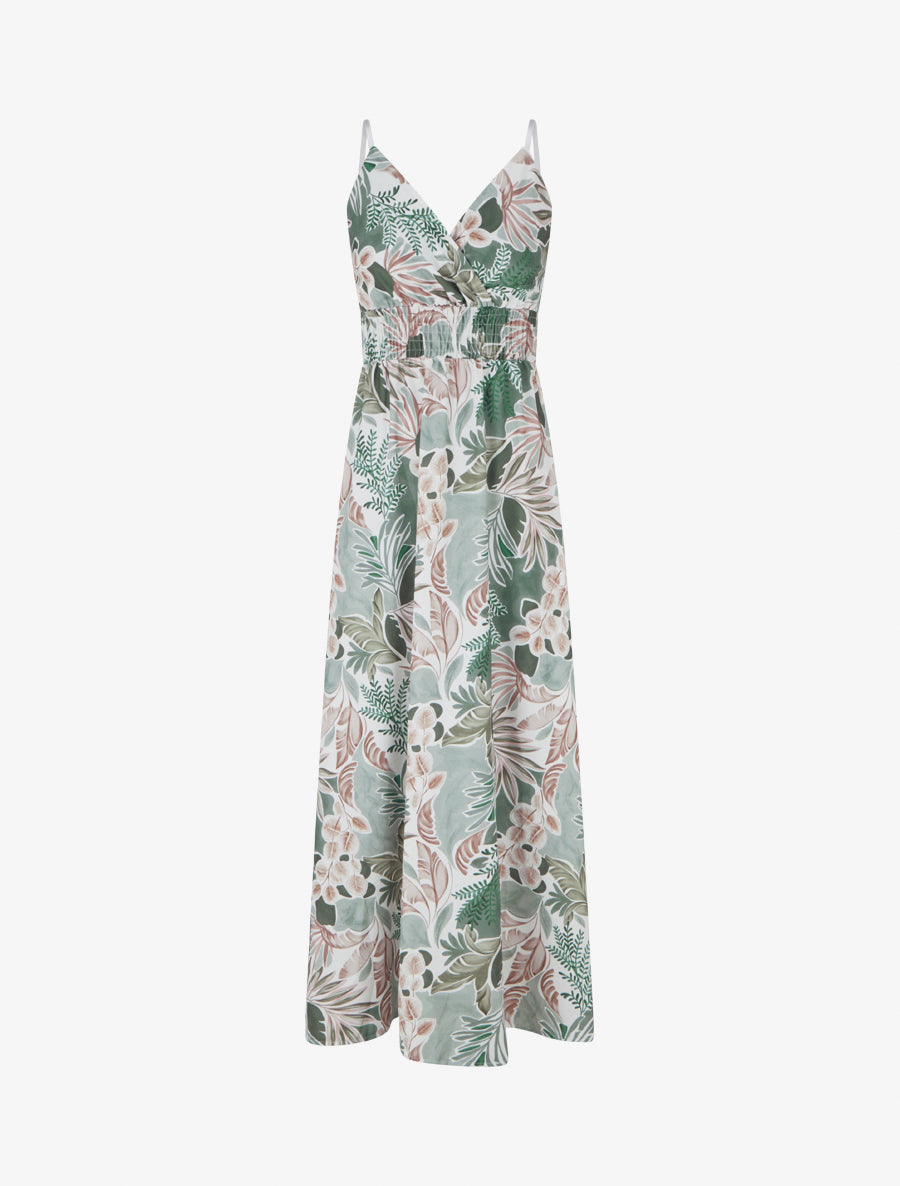 Robe longue à fines bretelles imprimé feuillage - Kaki - 1