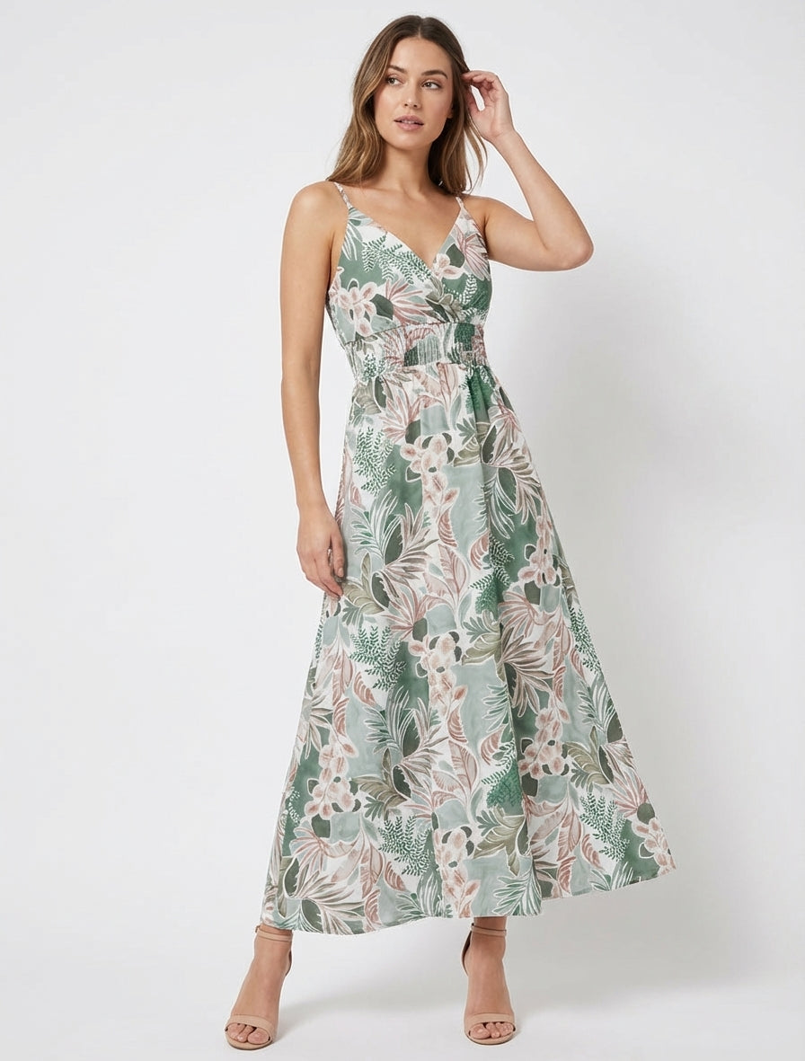 Vestido largo de tirantes finos con estampado de hojas - Caqui