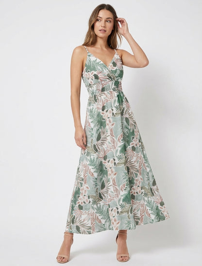 Vestido largo de tirantes finos con estampado de hojas - Caqui