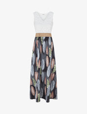 Robe longue à dentelle et imprimé feuilles - Noir - 1