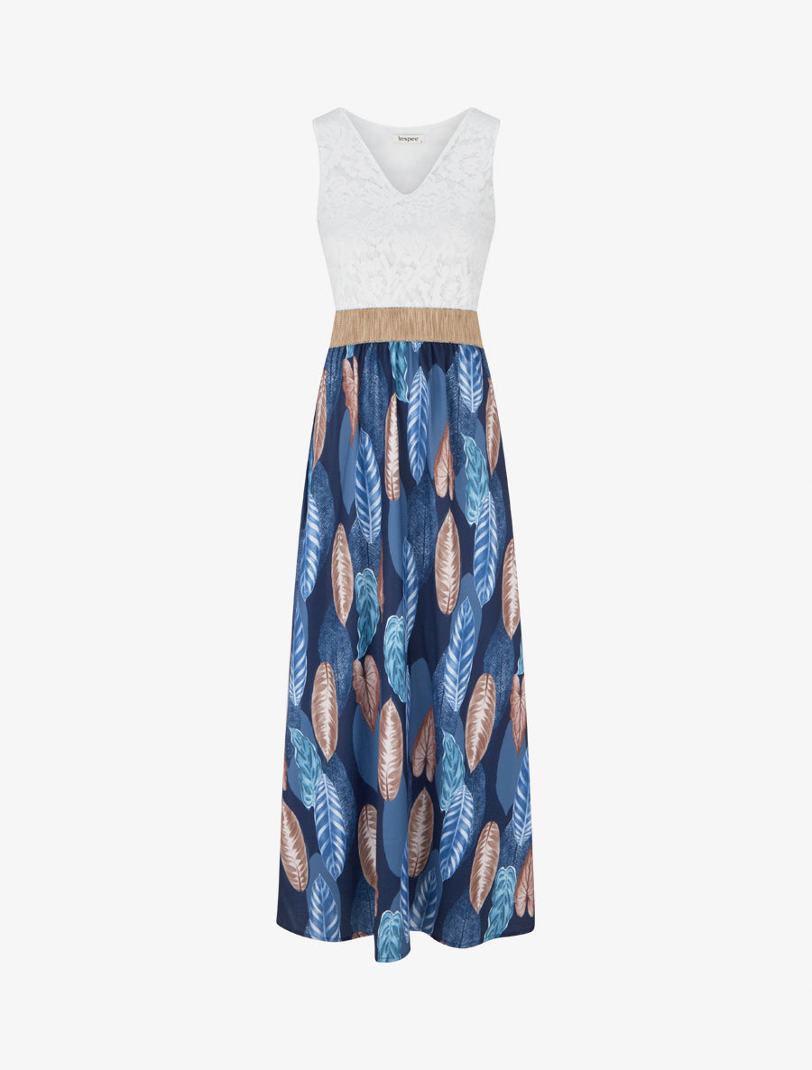Robe longue à dentelle et imprimé feuilles - Marine - 1