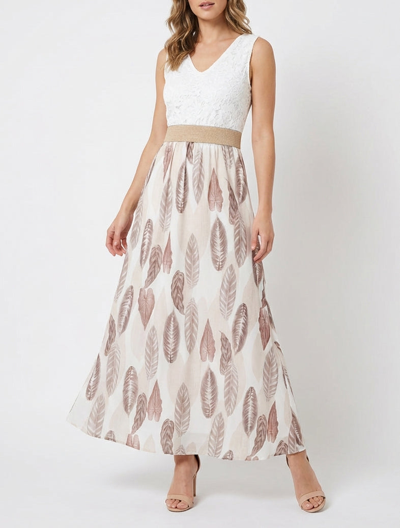 Vestido largo de encaje y estampado de hojas - Beis