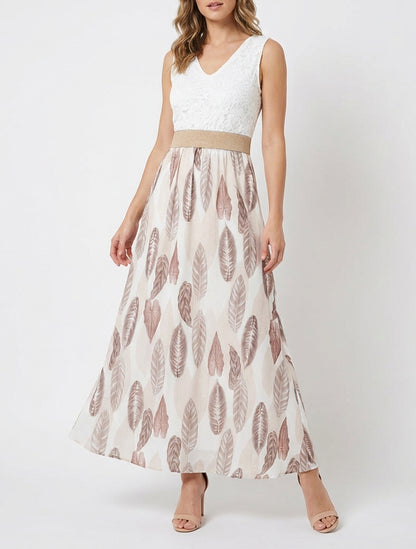 Vestido largo de encaje y estampado de hojas - Beis