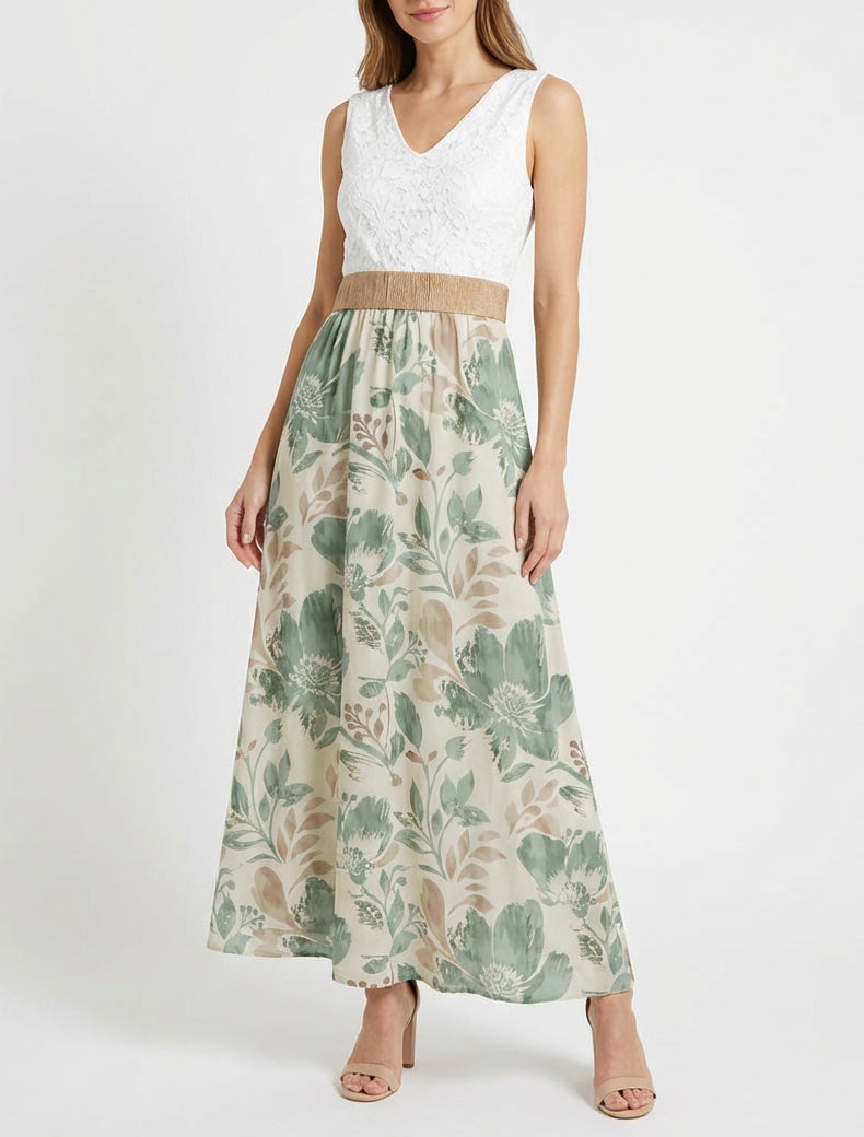 Vestido largo de encaje y estampado floral. - Caqui claro