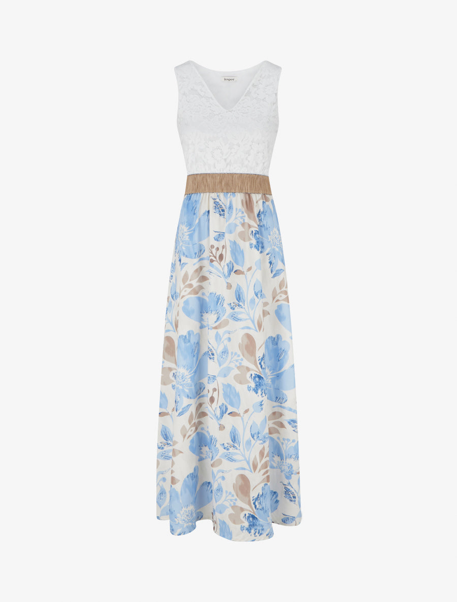 Robe longue à dentelle et imprimé floral - Bleu ciel - 1