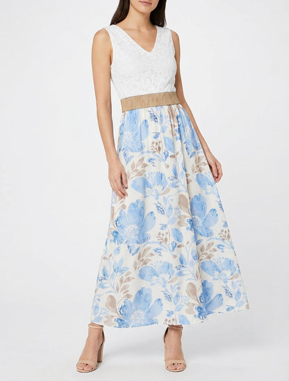 Vestido largo de encaje y estampado floral. - Azul cielo