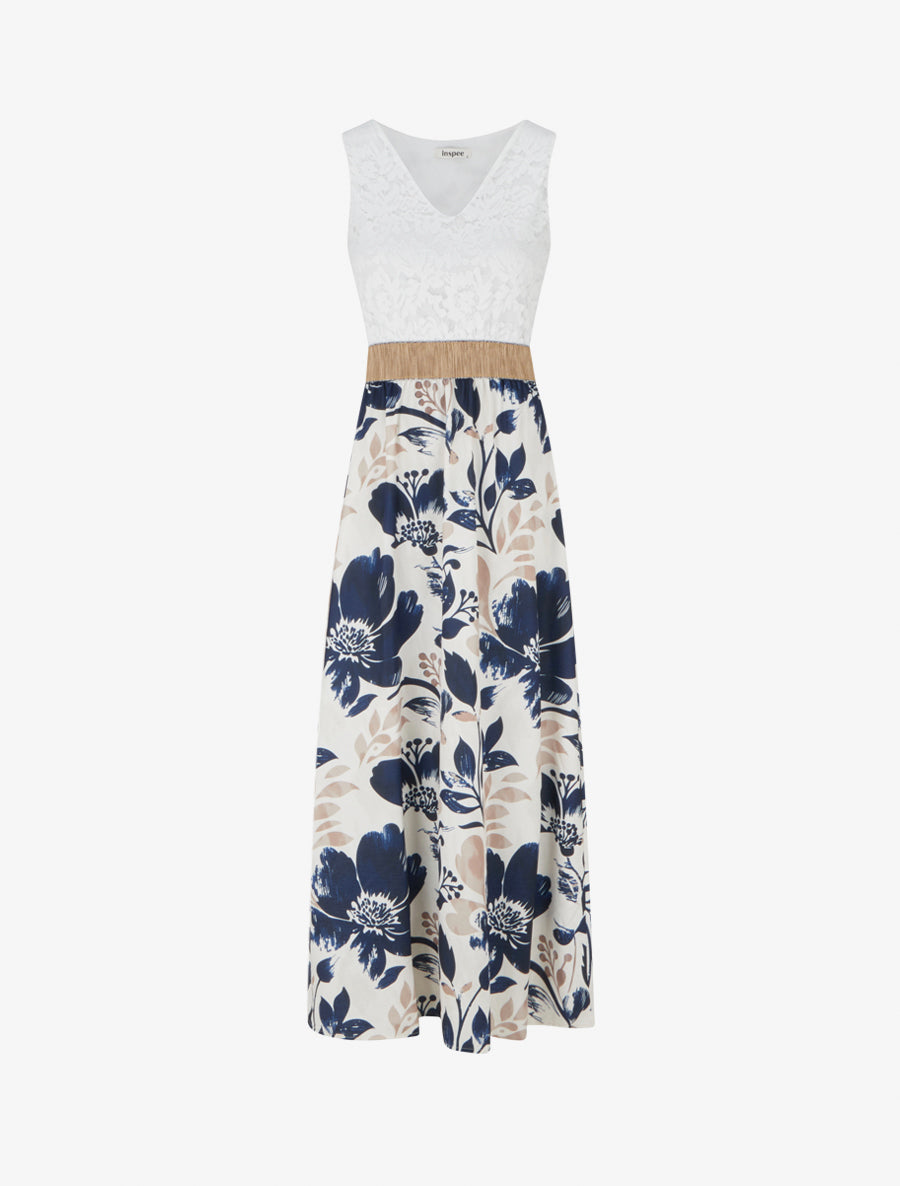 Robe longue à dentelle et imprimé floral - Marine - 1