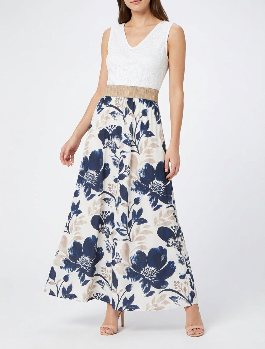 Vestido largo de encaje y estampado floral. - Marine