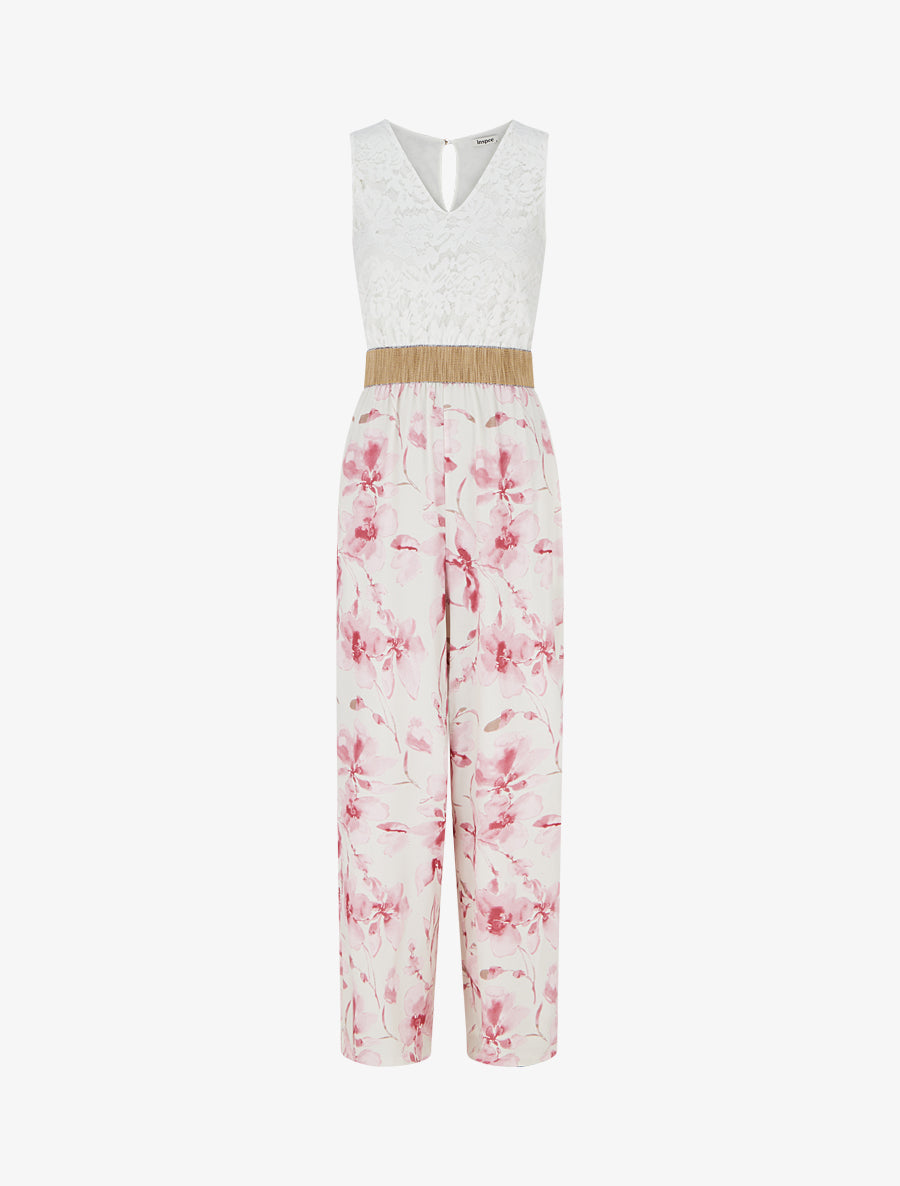Combinaison à dentelle et imprimé floral - Rose - 1