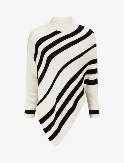 Poncho en maille rayé - Blanc - 1