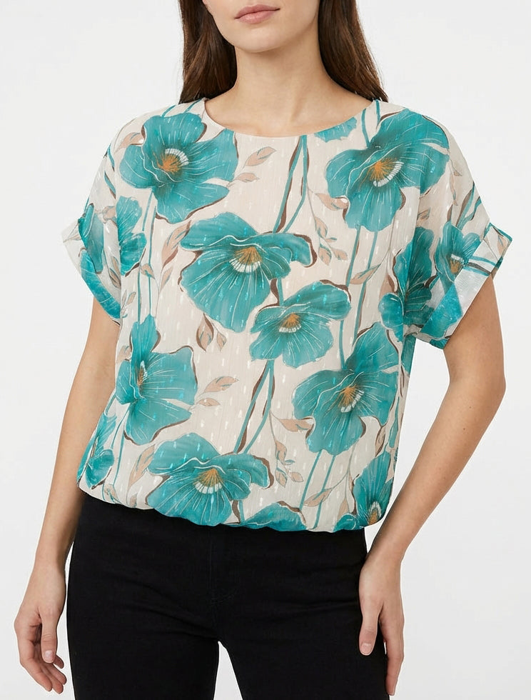 Top de bola con estampado floral y mangas cortas - Turquesa