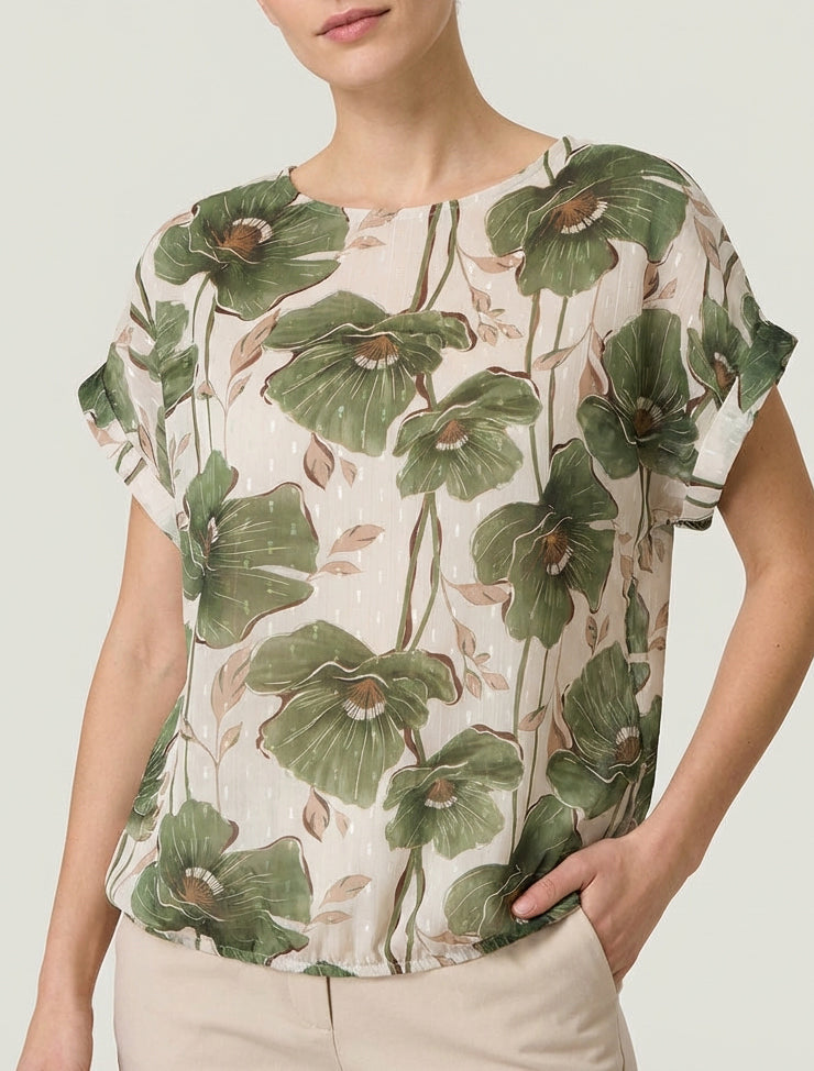Top de bola con estampado floral y mangas cortas - Caqui