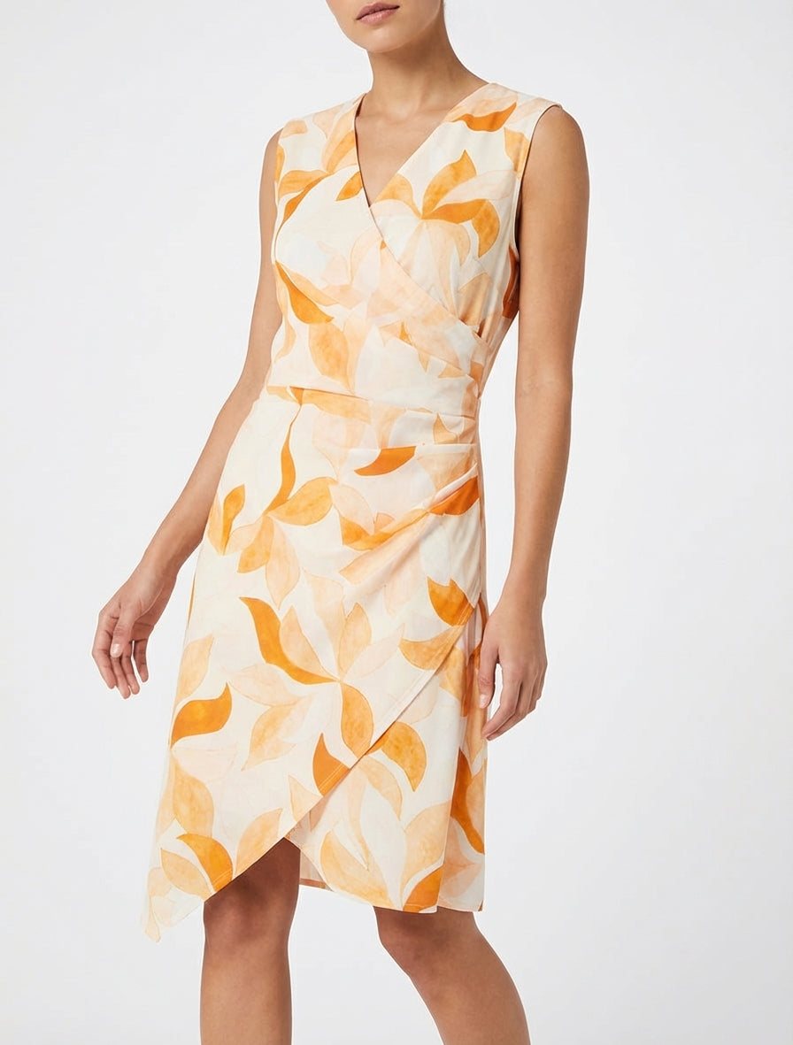Vestido cruzado sin mangas con estampado de hojas - Naranja