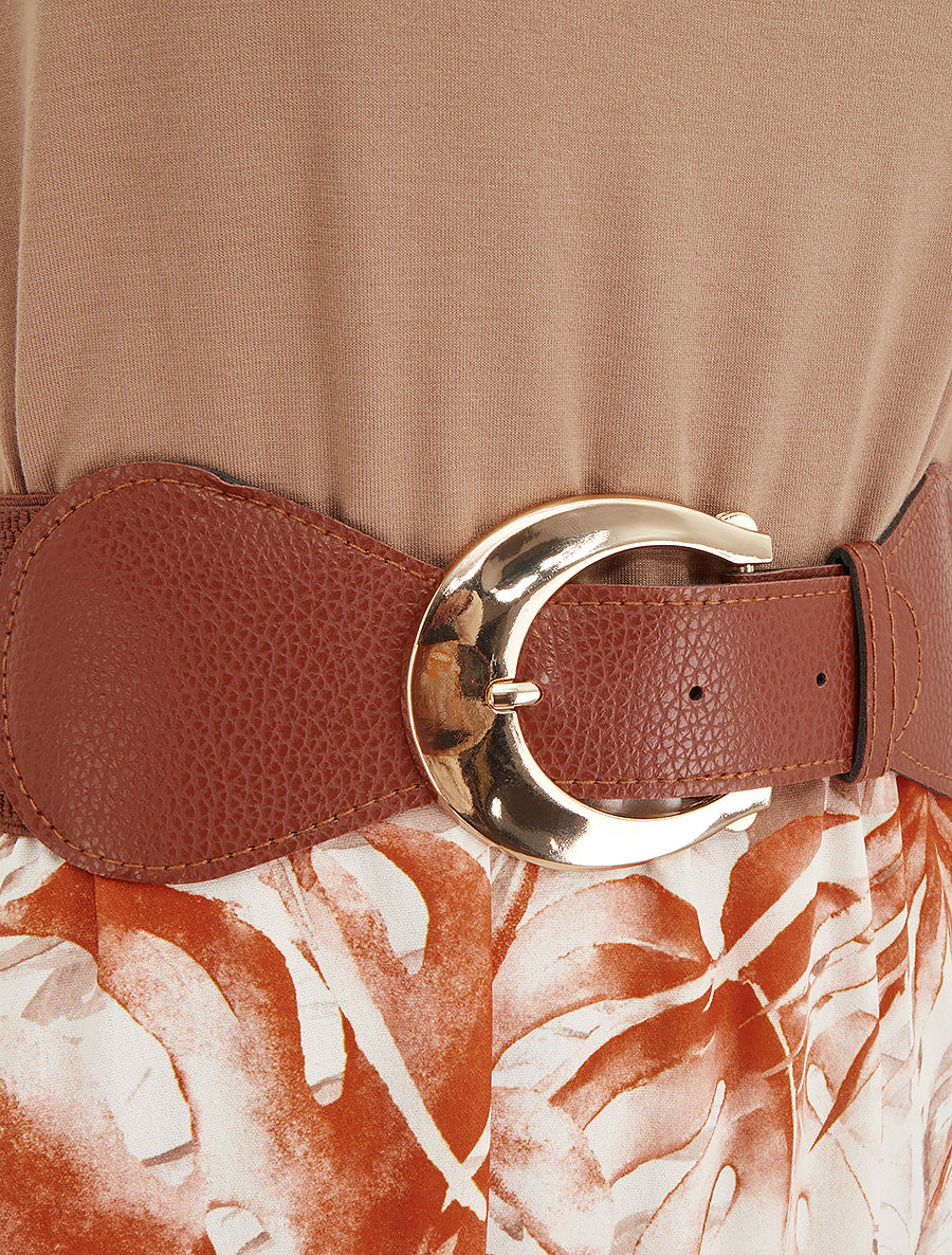 Robe longue à jupe imprimé feuillage - Camel - 3