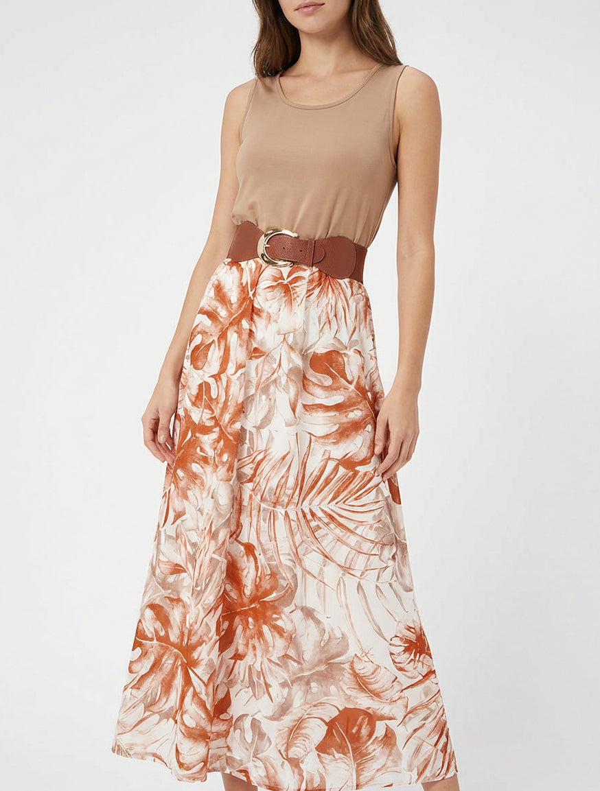 Vestido largo con falda estampado de hojas - Camello