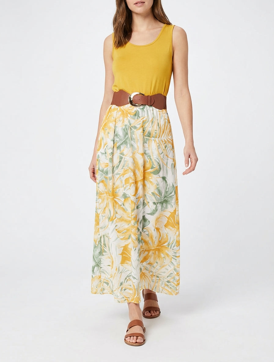 Vestido largo con falda estampado de hojas - Amarillo mostaza