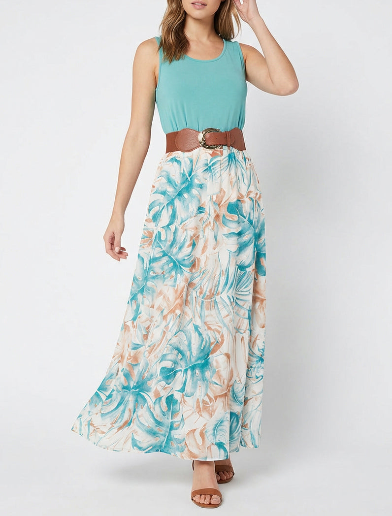 Vestido largo con falda estampado de hojas - Turquesa