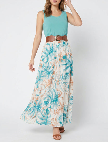 Vestido largo con falda estampado de hojas - Turquesa