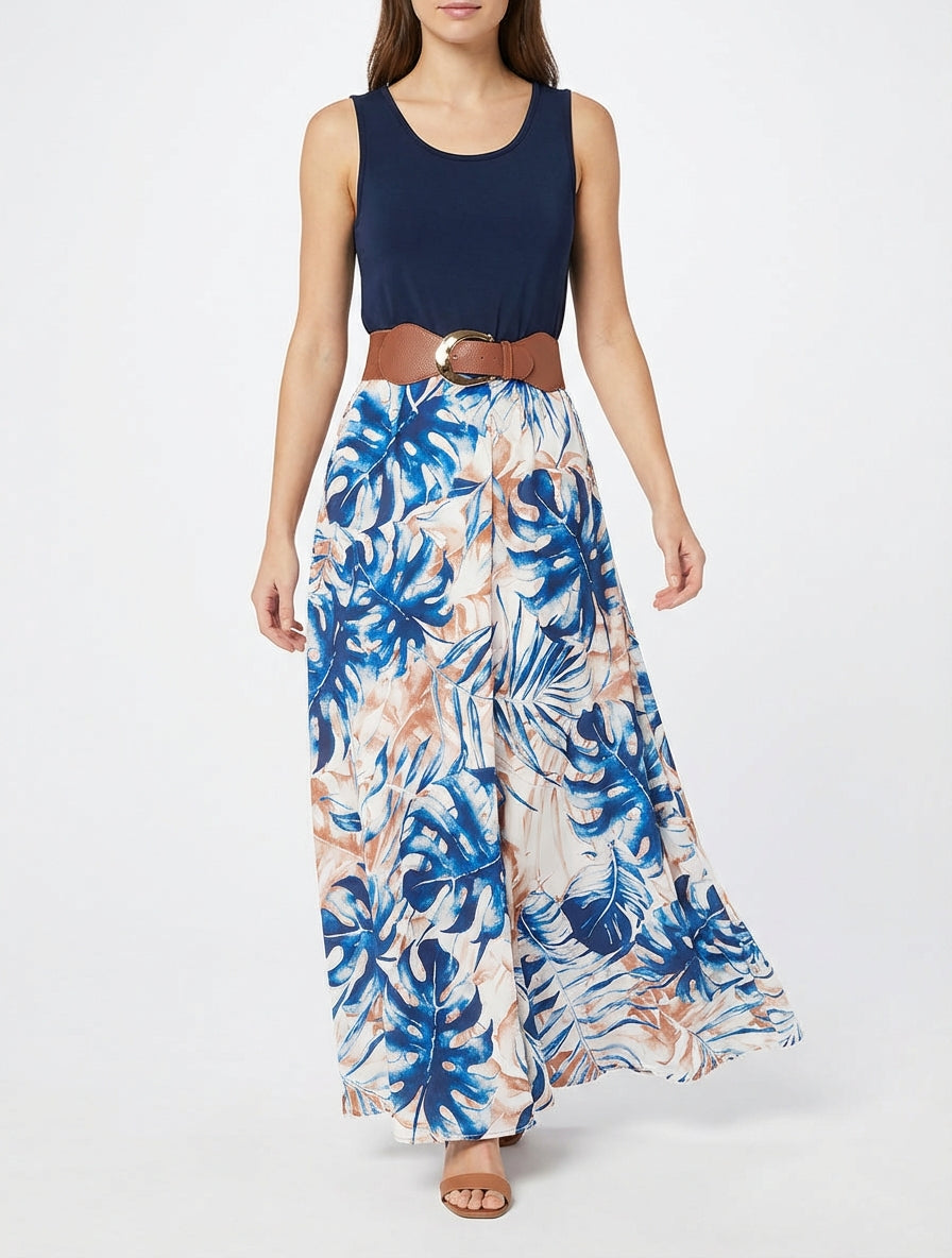Vestido largo con falda estampado de hojas - Marine