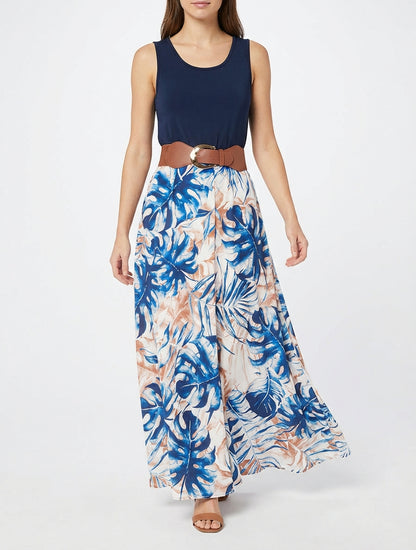 Vestido largo con falda estampado de hojas - Marine