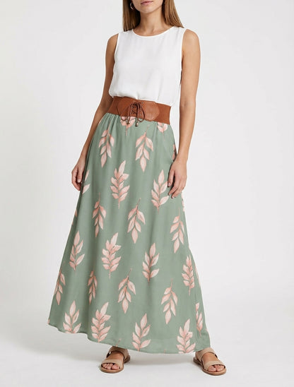 Falda larga estampado hojas - Caqui