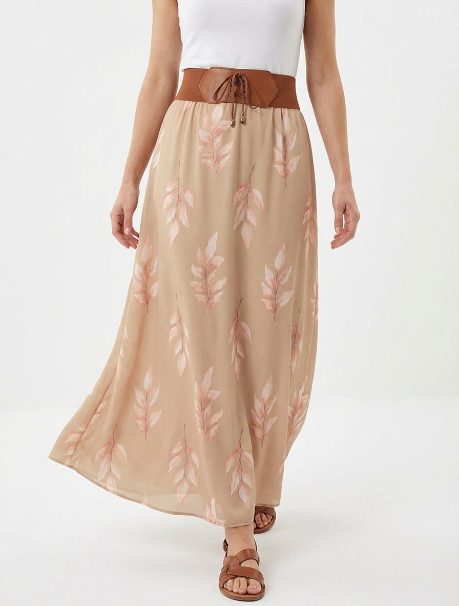Falda larga estampado hojas - Camello