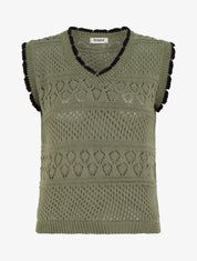 Pull sans manches à col contrastant - Kaki - 1