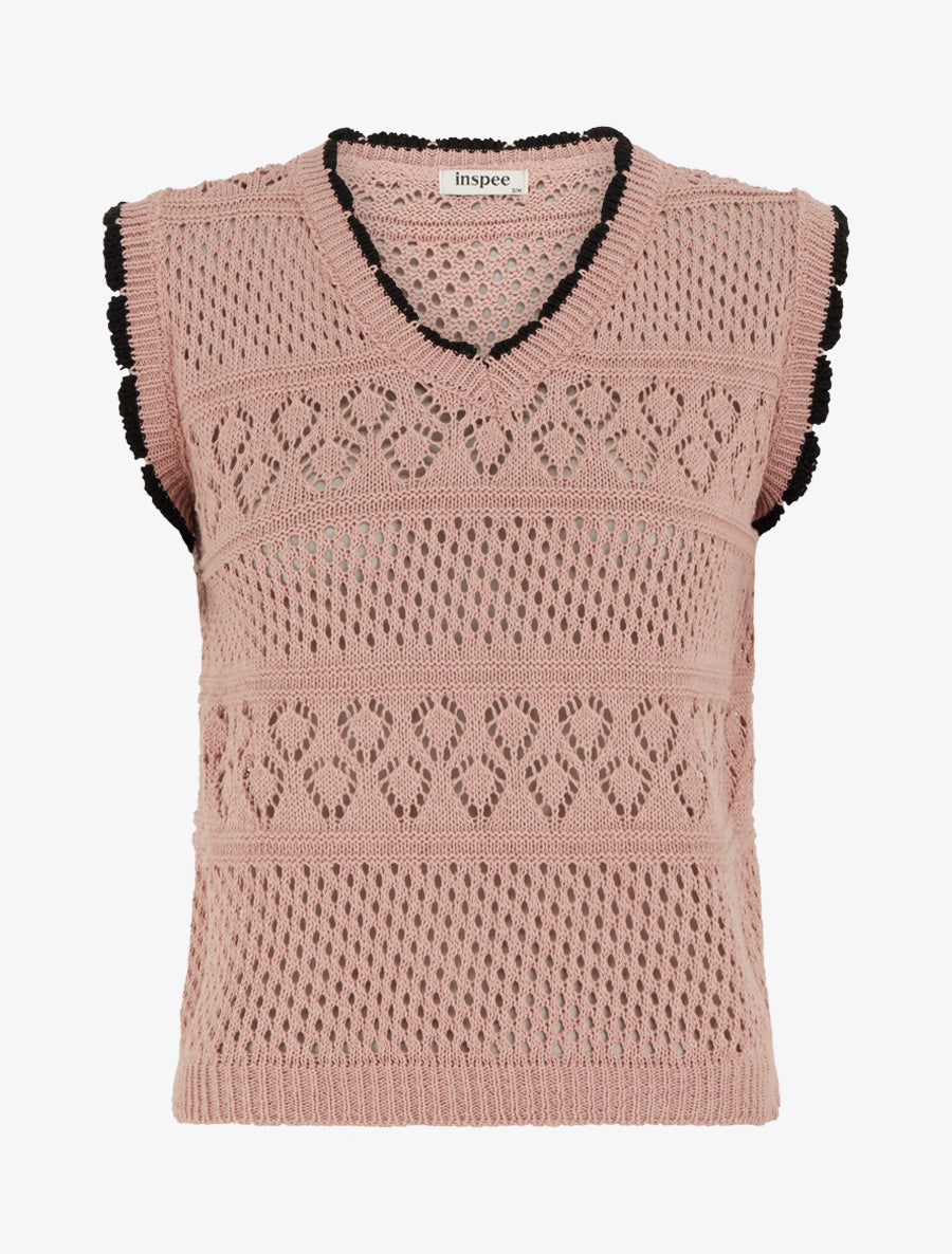 Pull sans manches à col contrastant - Rose - 1