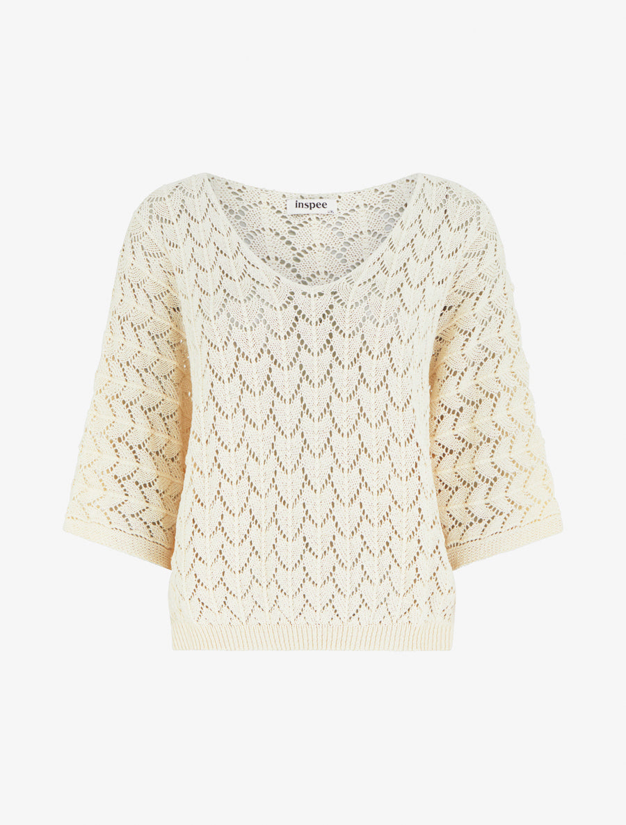 Jersey calado de manga corta - Beige claro