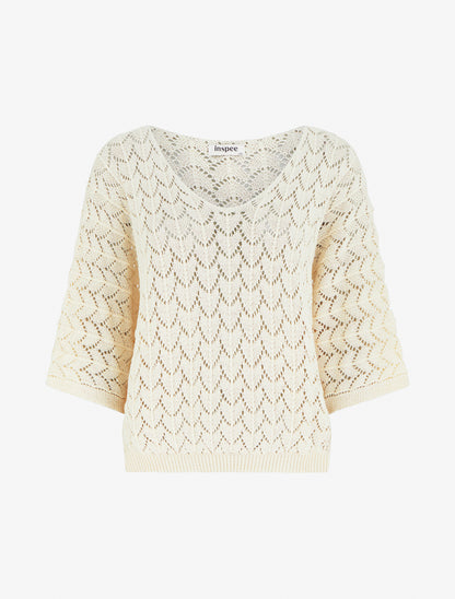 Jersey calado de manga corta - Beige claro