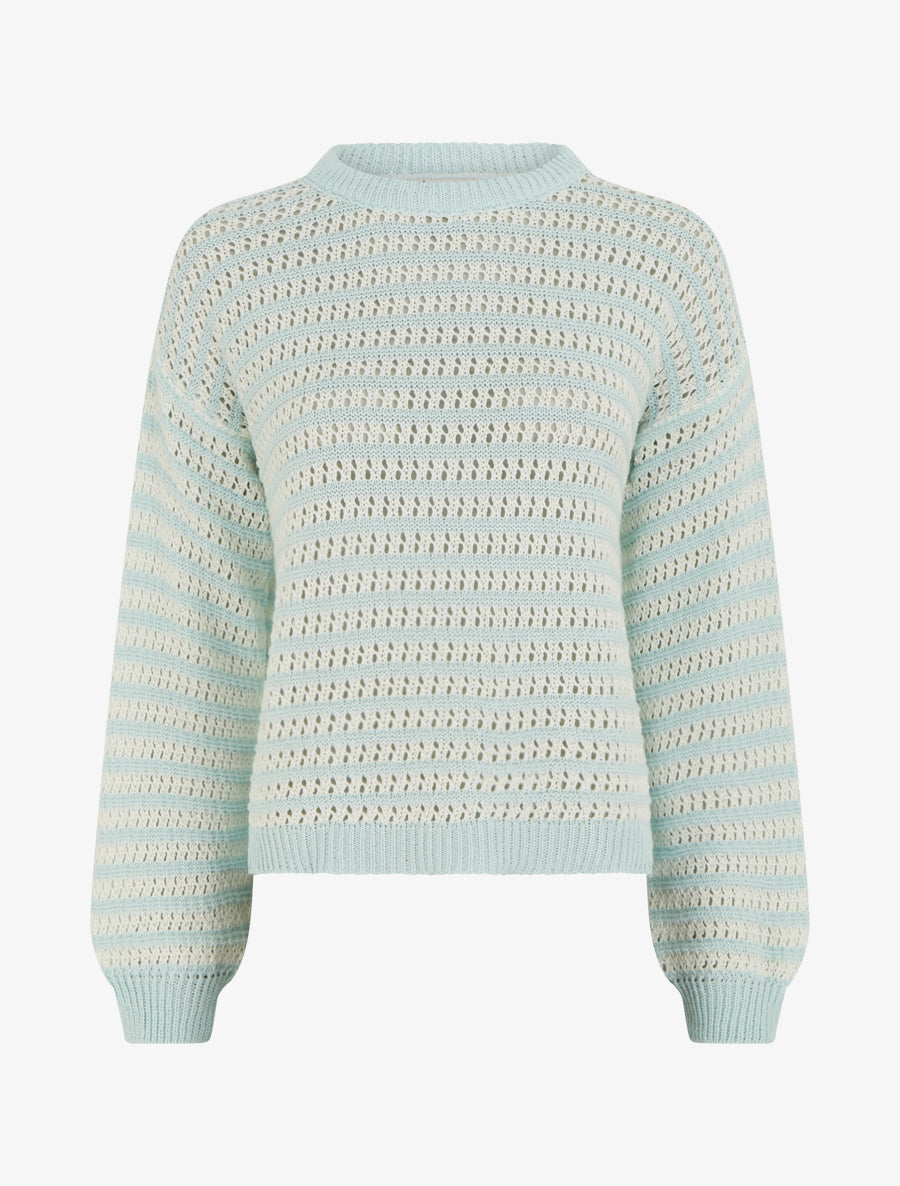 Pull droit à rayures ajourées - Bleu lagon - 1