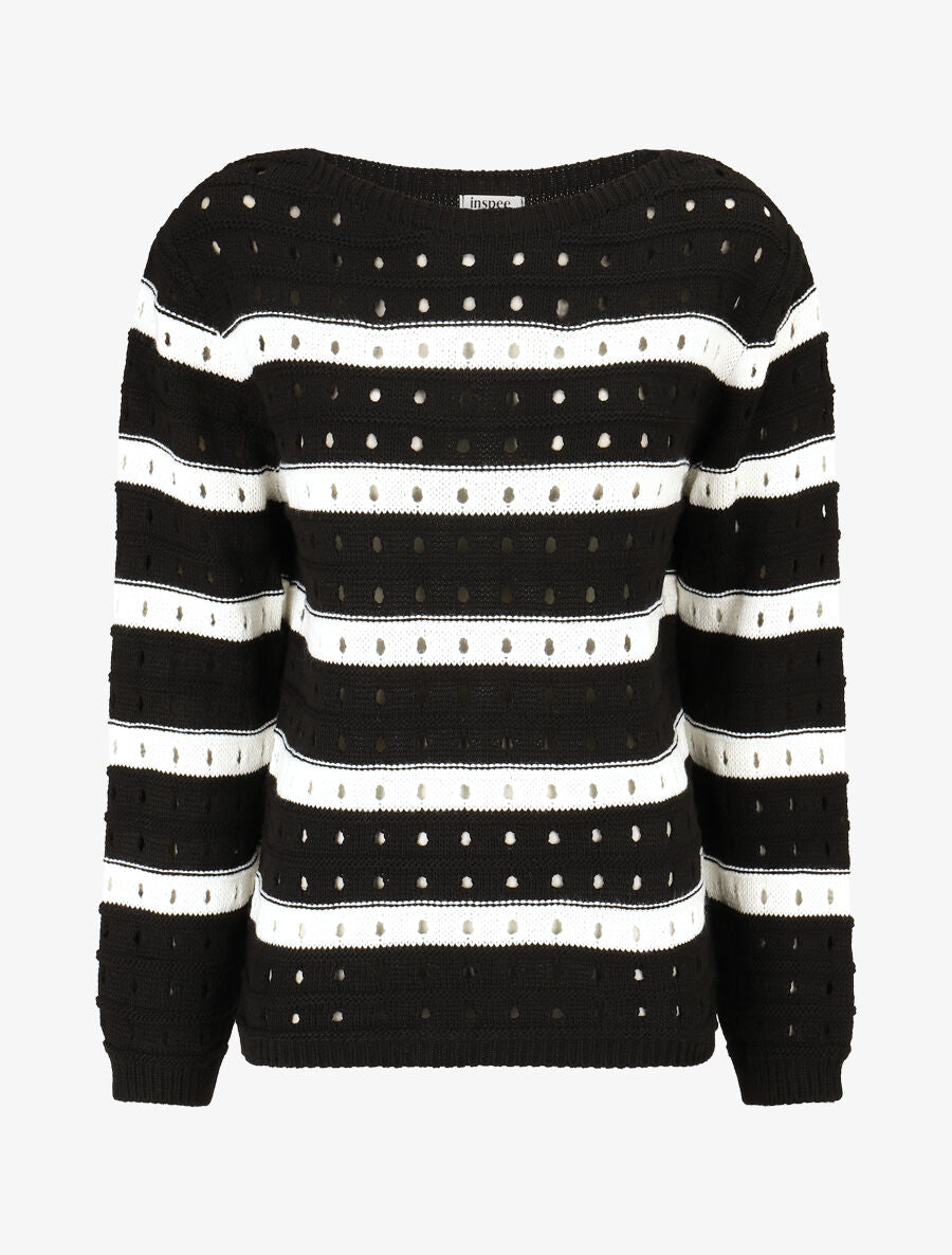 Pull en maille ajourée à rayures - Noir - 1